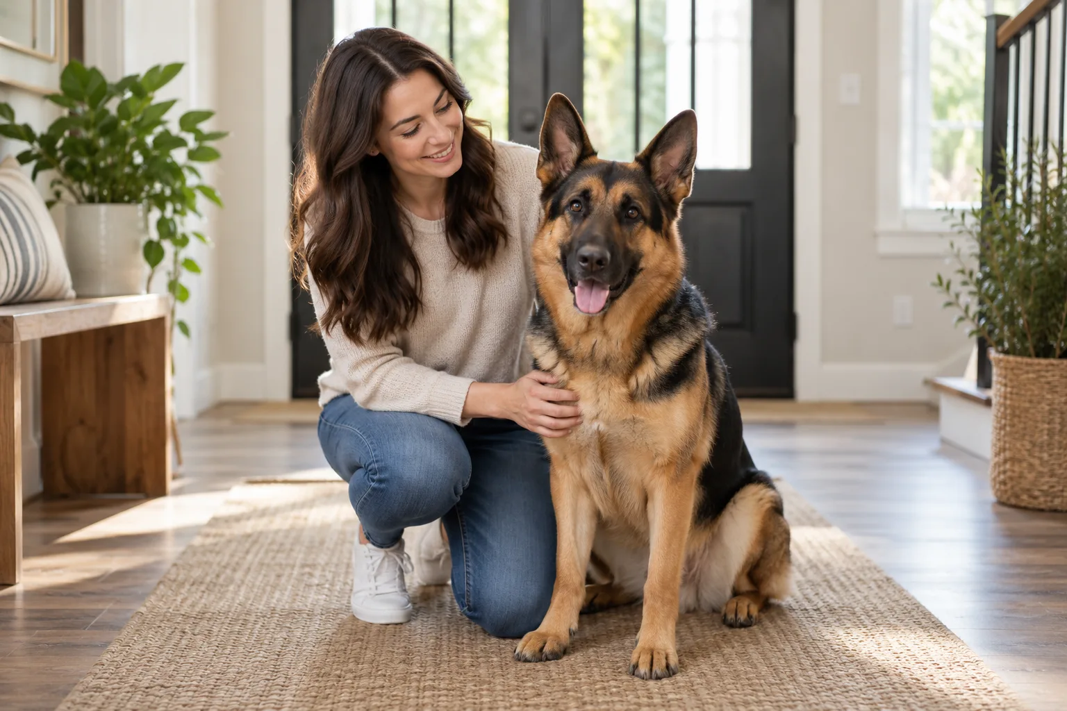 German Shepherd sitting beside its owner in a bright home
