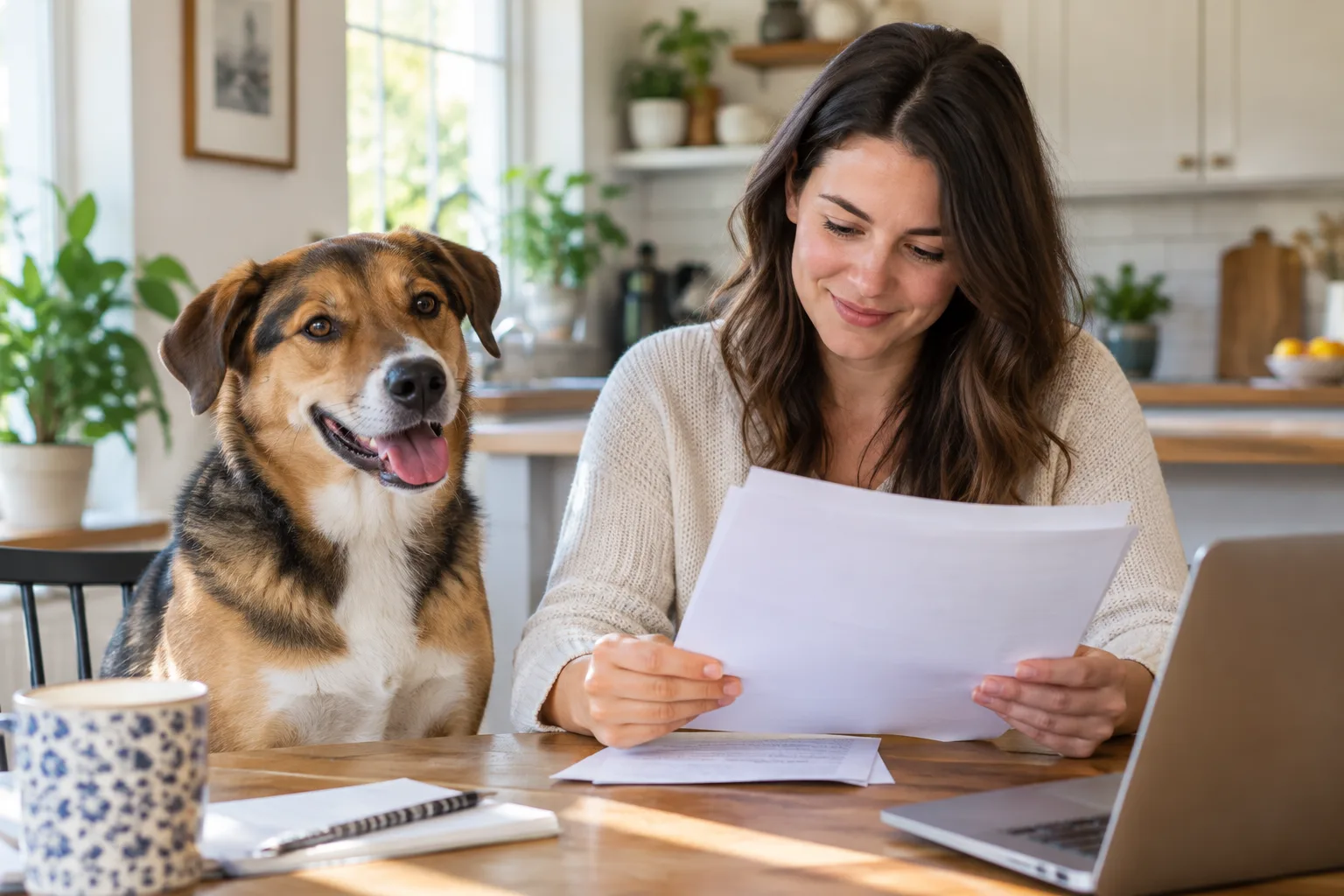 Dog beside an owner reviewing papers at a desk